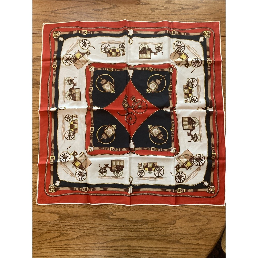 Vintage Silk Scarf Horse Carriage Designer Navy Red White Silk Belt Neck Hair